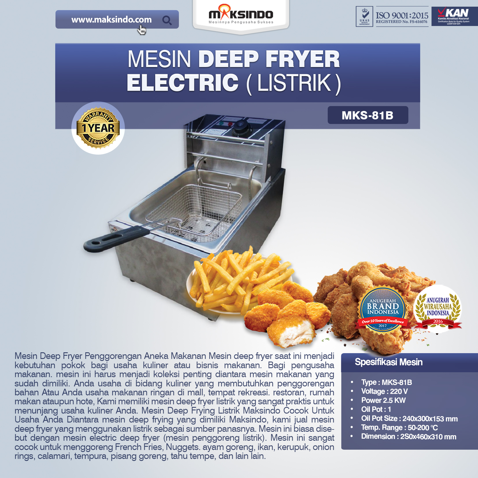 Jual Mesin Deep Fryer Listrik MKS-81B di Pekanbaru