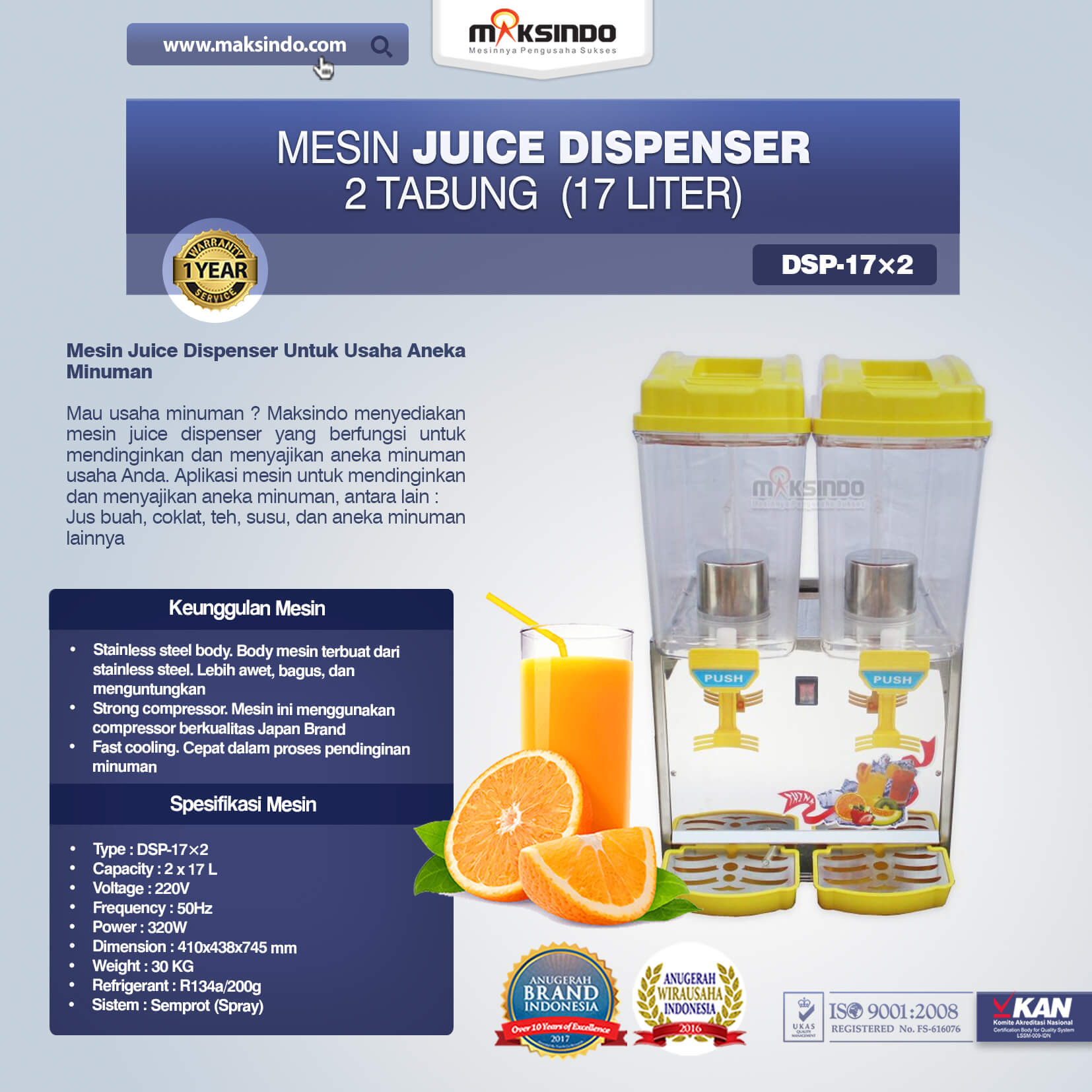 Jual Mesin Juice Dispenser 2 Tabung (17 Liter) – DSP17x2 di Pekanbaru