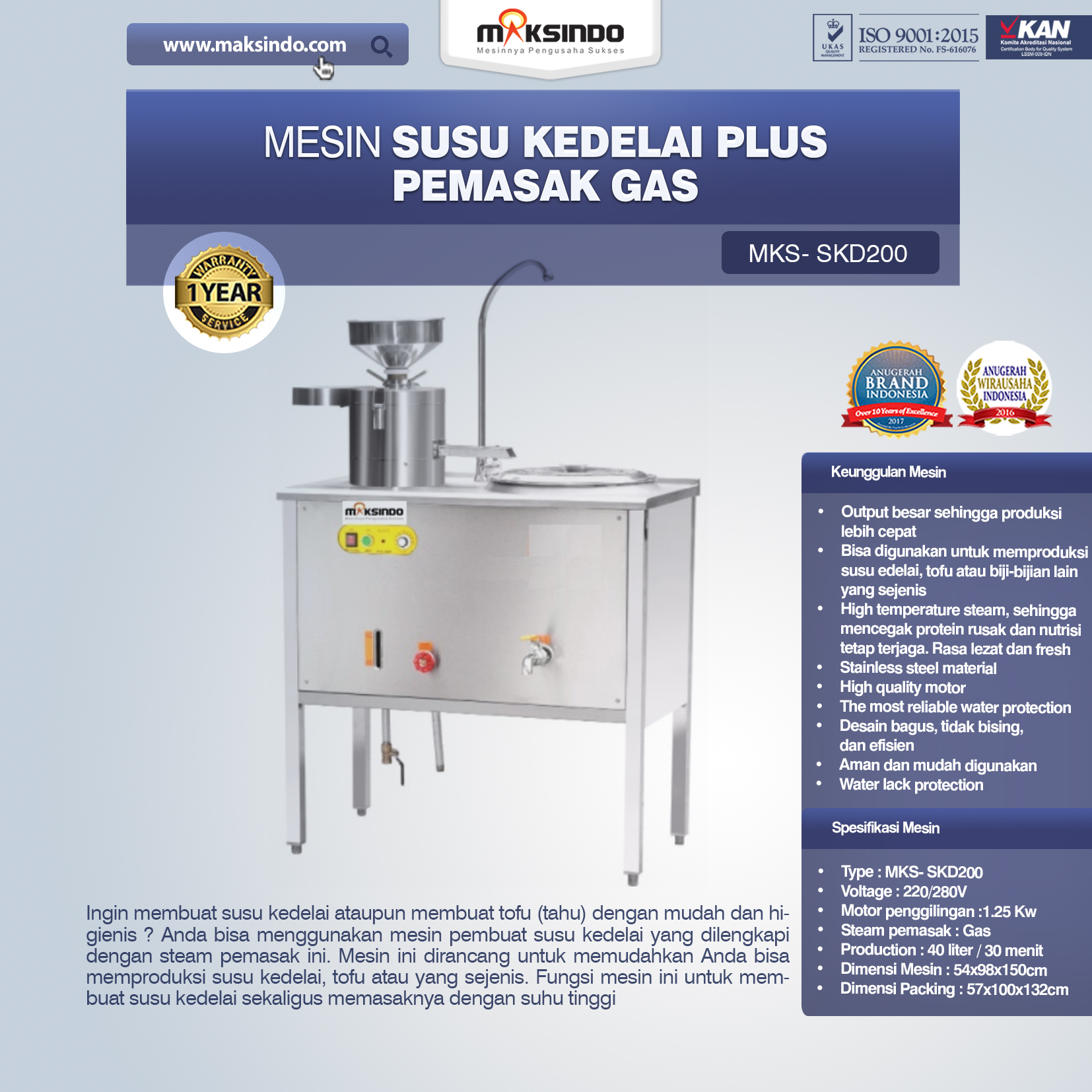 Jual Mesin Susu Kedelai Plus Pemasak Gas (SKD200) di Pekanbaru