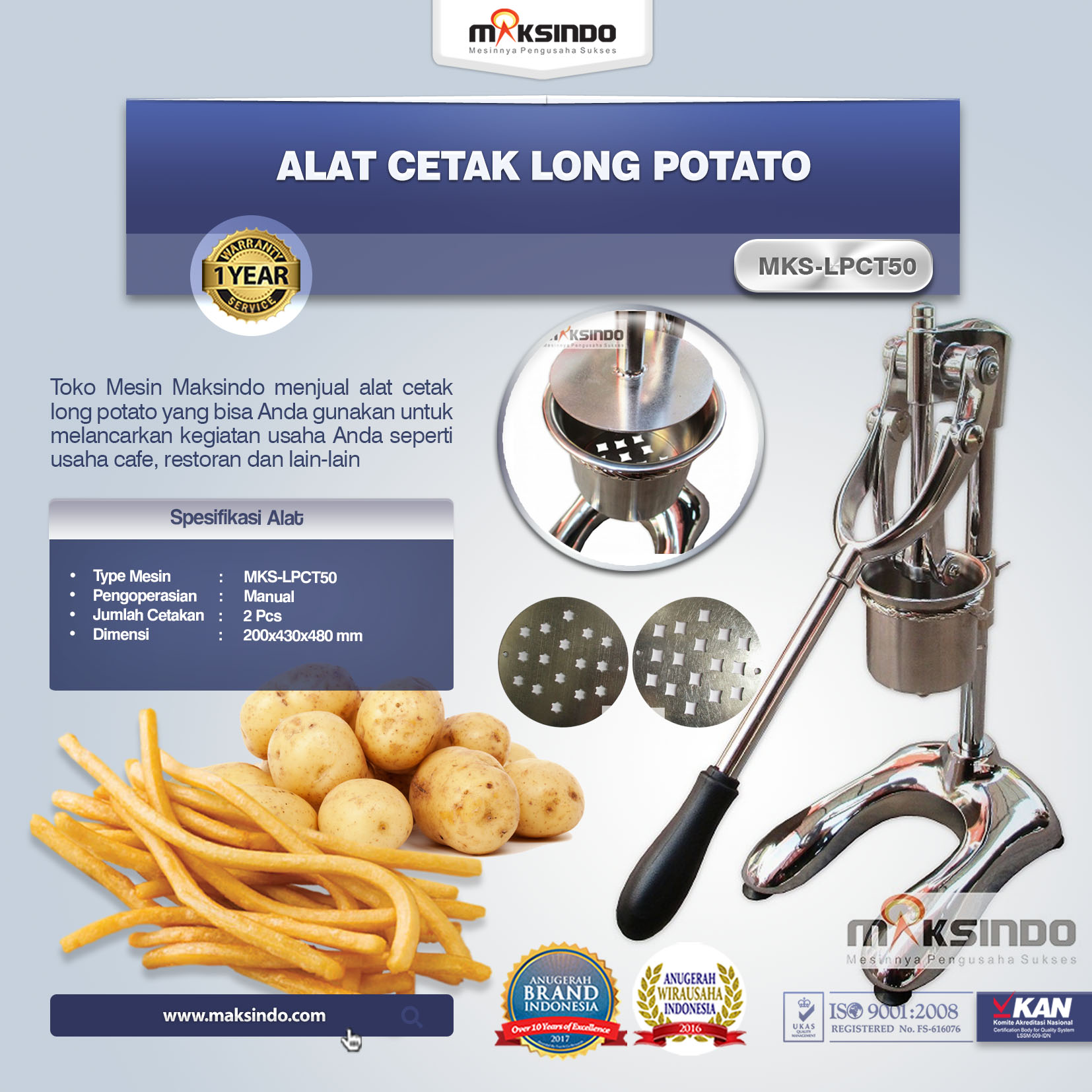 Jual Alat Cetak Long Potato MKS-LPCT50 di Pekanbaru