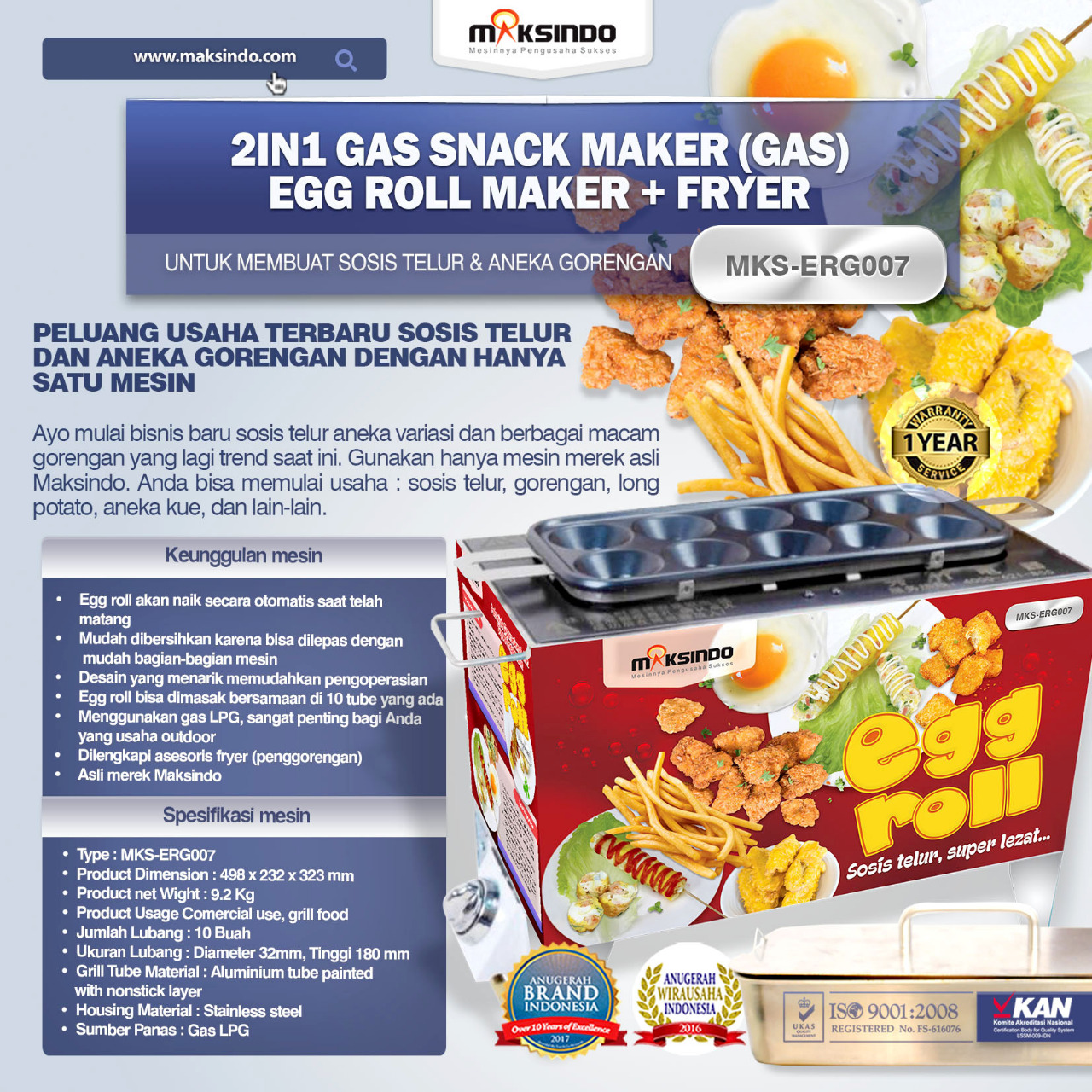 Jual Mesin Egg Roll Gas 2in1 Plus Fryer ERG007 di Pekanbaru