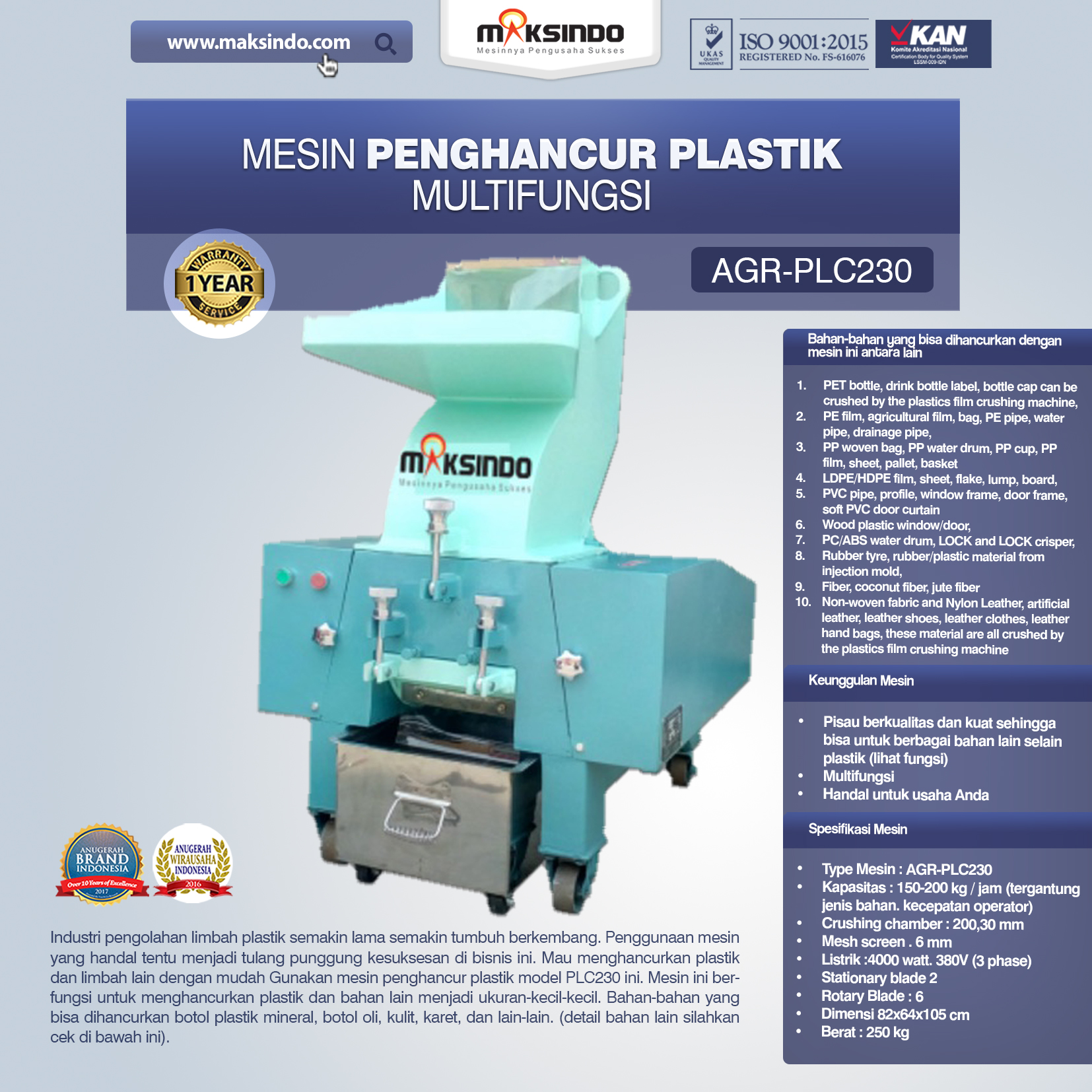 Jual Mesin Penghancur Plastik Multifungsi – PLC230 di Pekanbaru