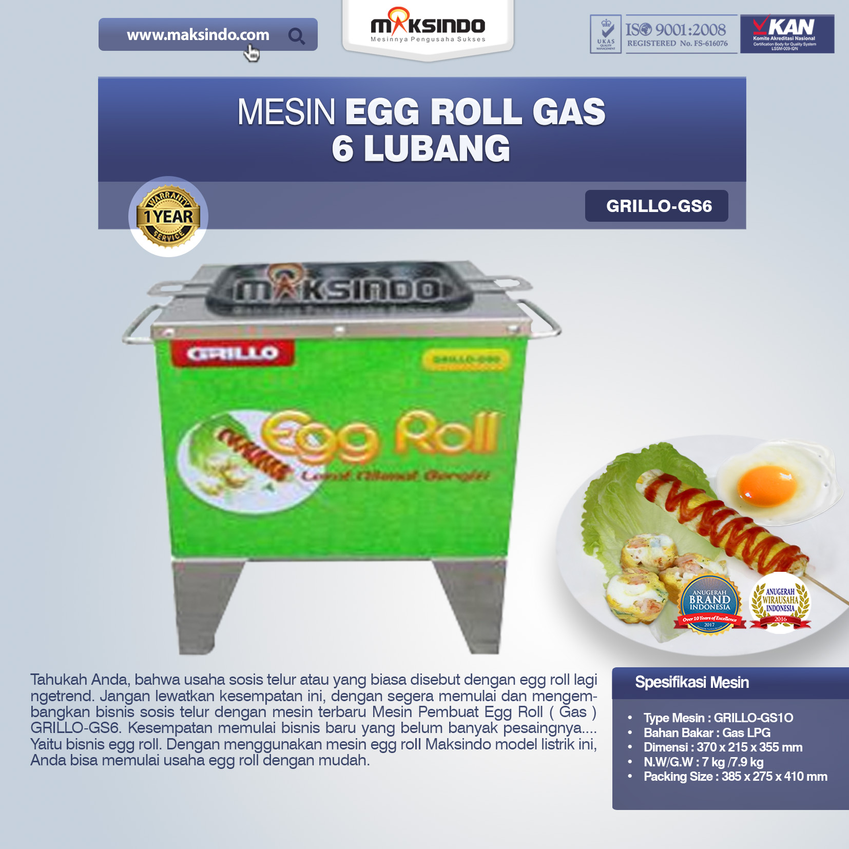 Jual Mesin Egg Roll Gas 6 Lubang GRILLO-GS6 di Pekanbaru