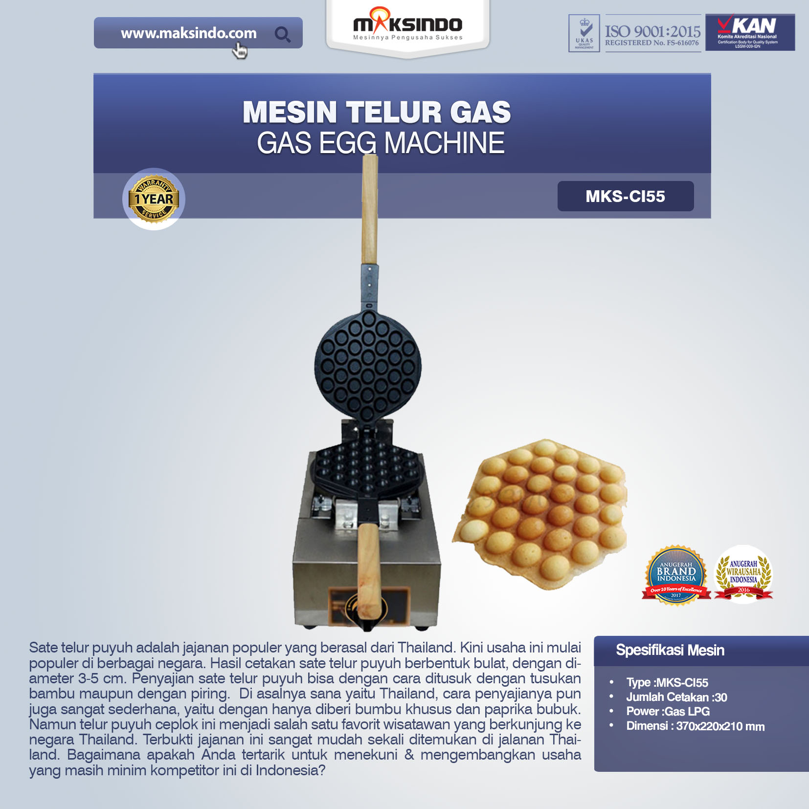 Jual Mesin Telur Gas (Gas Egg Machine) MKS-CI55 Di Pekanbaru