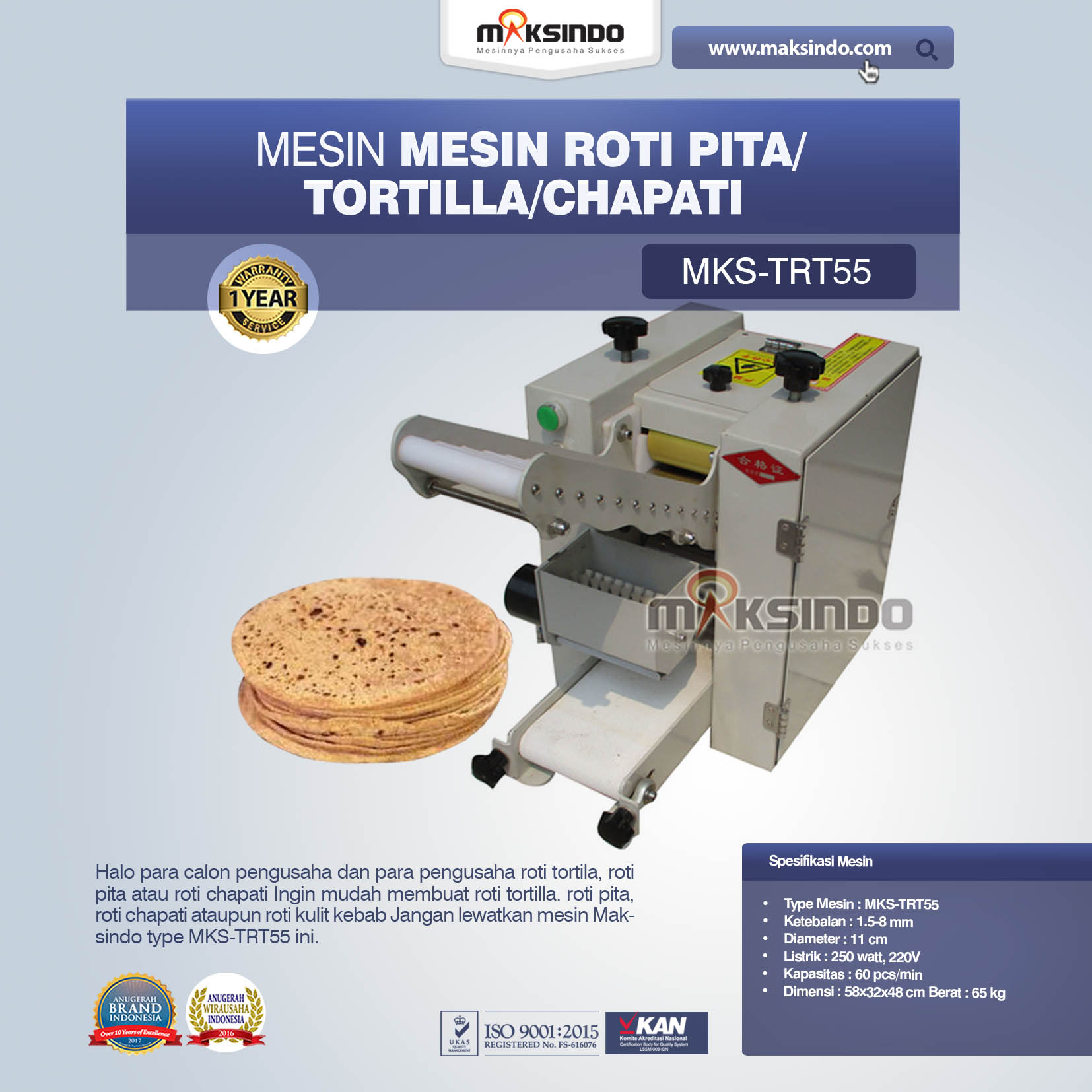 Jual Mesin Roti Pita/Tortilla/Chapati MKS-TRT55 Di Pekanbaru
