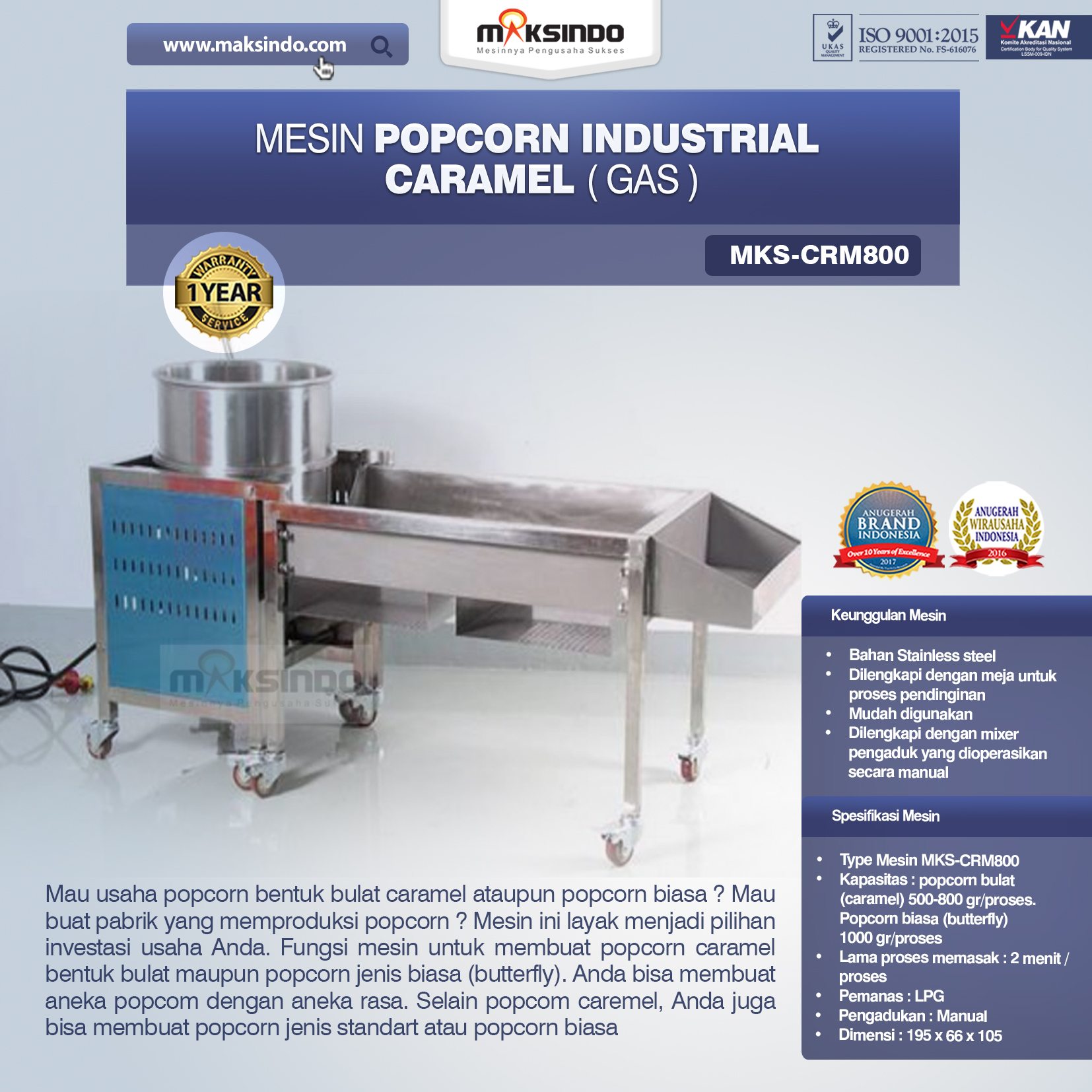 Jual Mesin Popcorn Industrial Caramel (Gas) – CRM800 di Pekanbaru