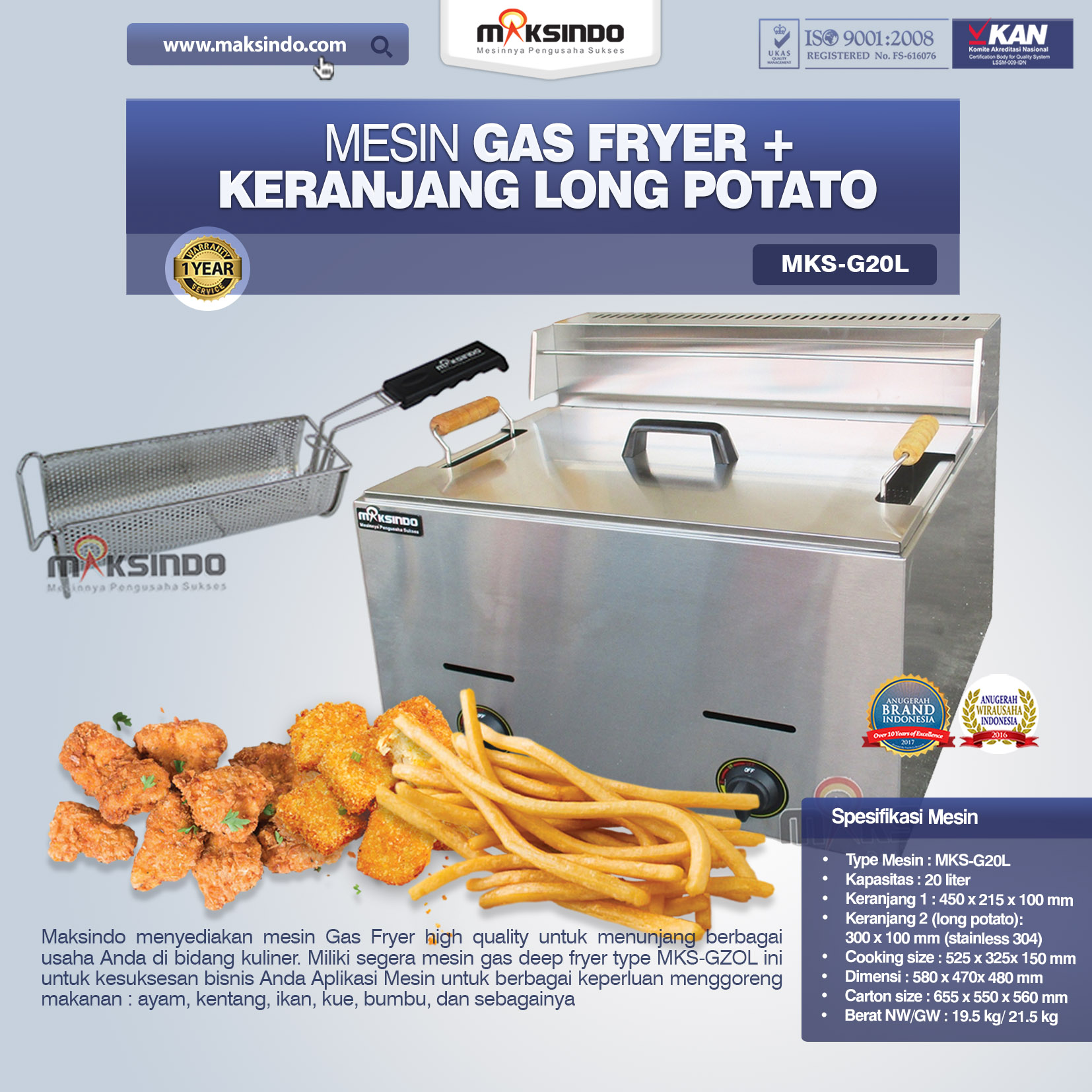 Jual Mesin Gas Fryer MKS-G20L + Keranjang di Pekanbaru
