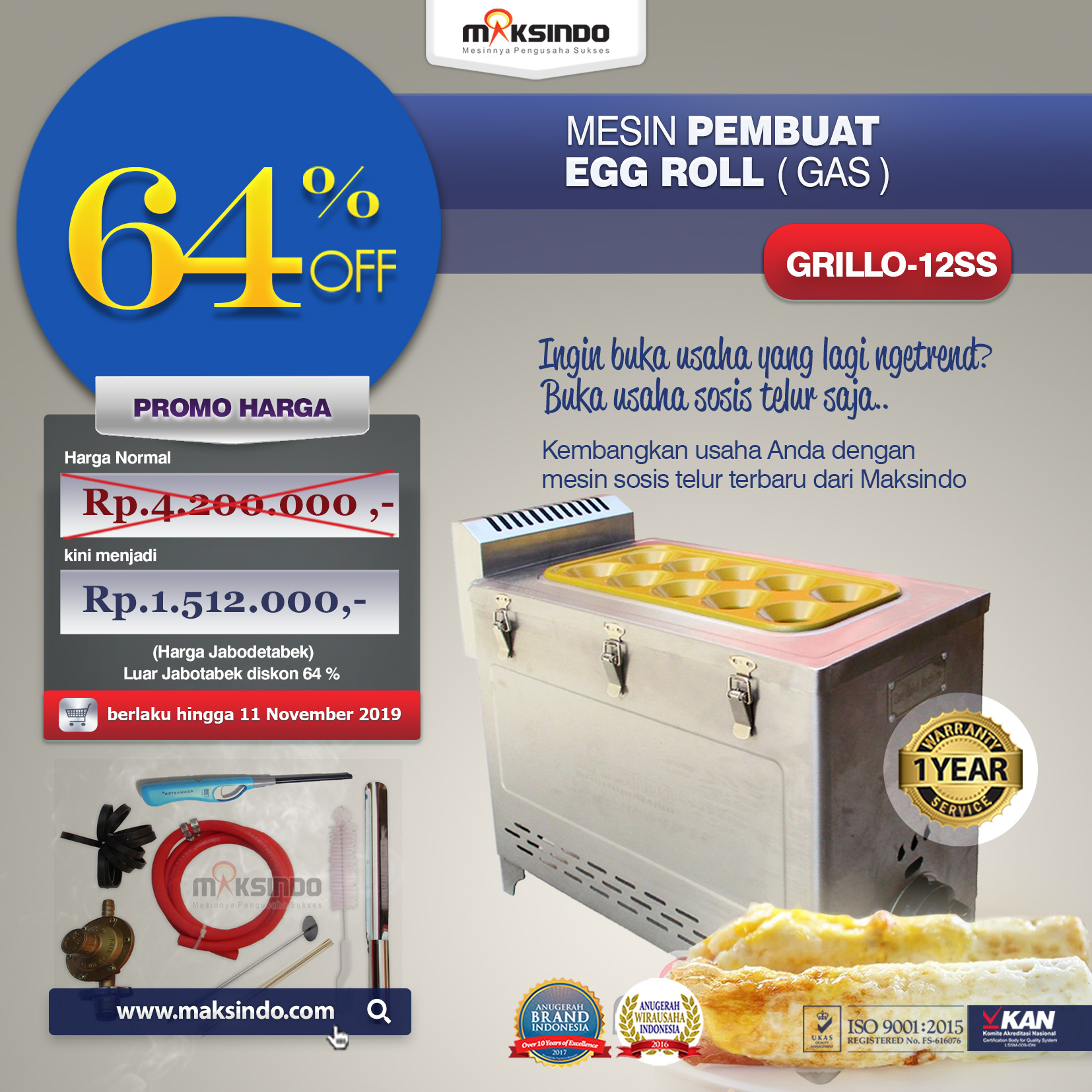 Jual Mesin Pembuat Egg Roll (Gas) GRILLO-12SS di Pekanbaru