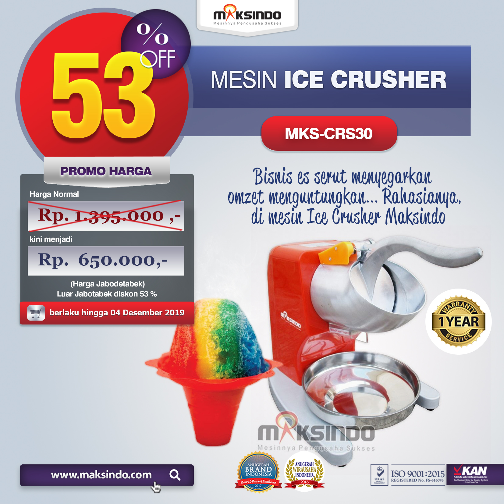 Jual Mesin Ice Crusher MKS-CRS30 di Pekanbaru