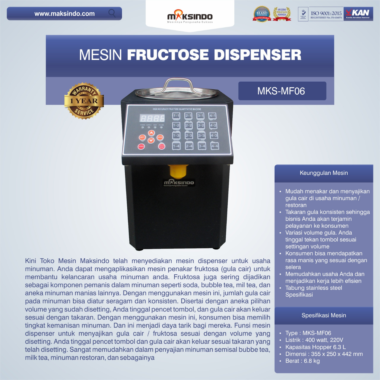 Jual Mesin Fructose Dispenser MKS-MF06 di Pekanbaru