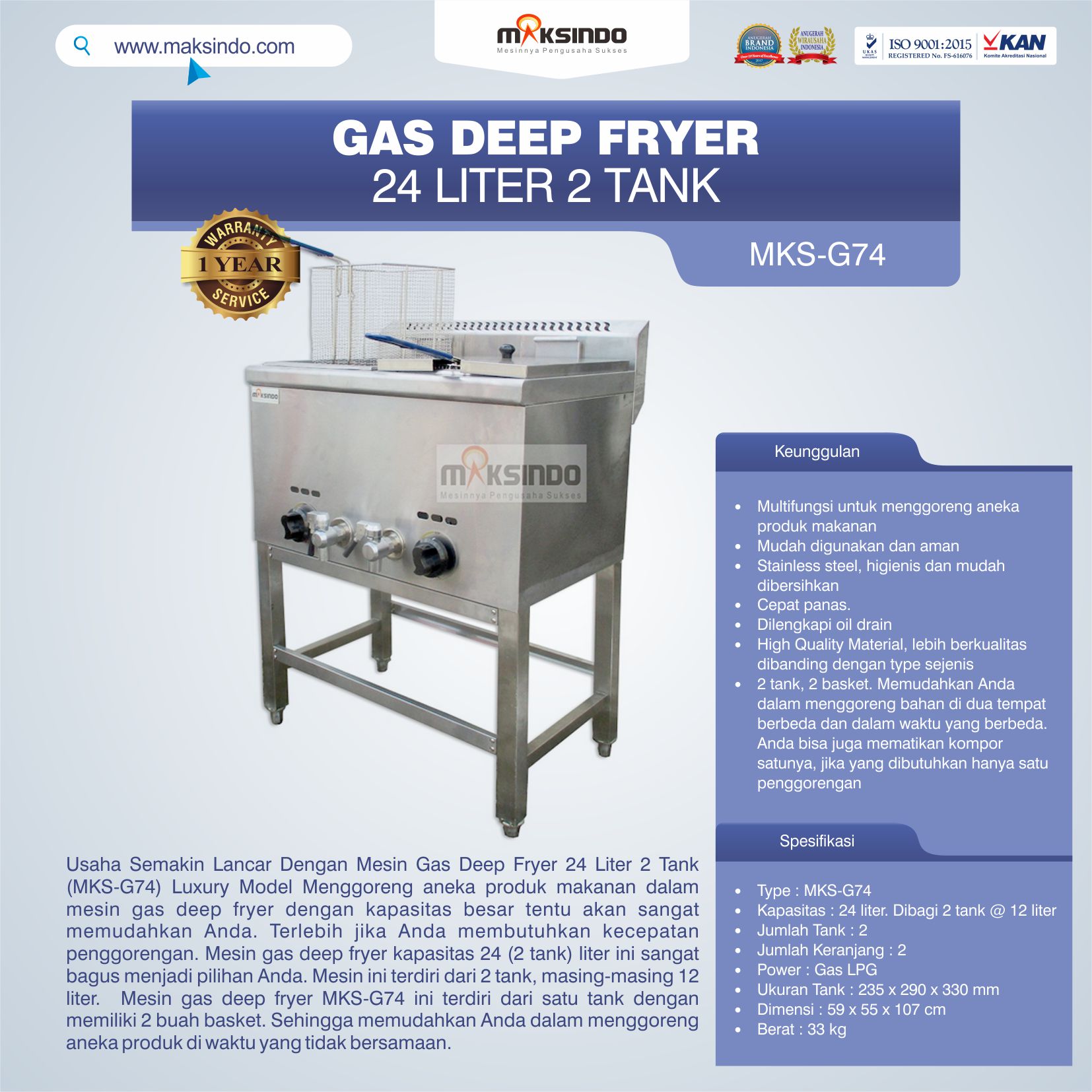 Jual Gas Deep Fryer 24 Liter 2 Tank (G74) di Pekanbaru