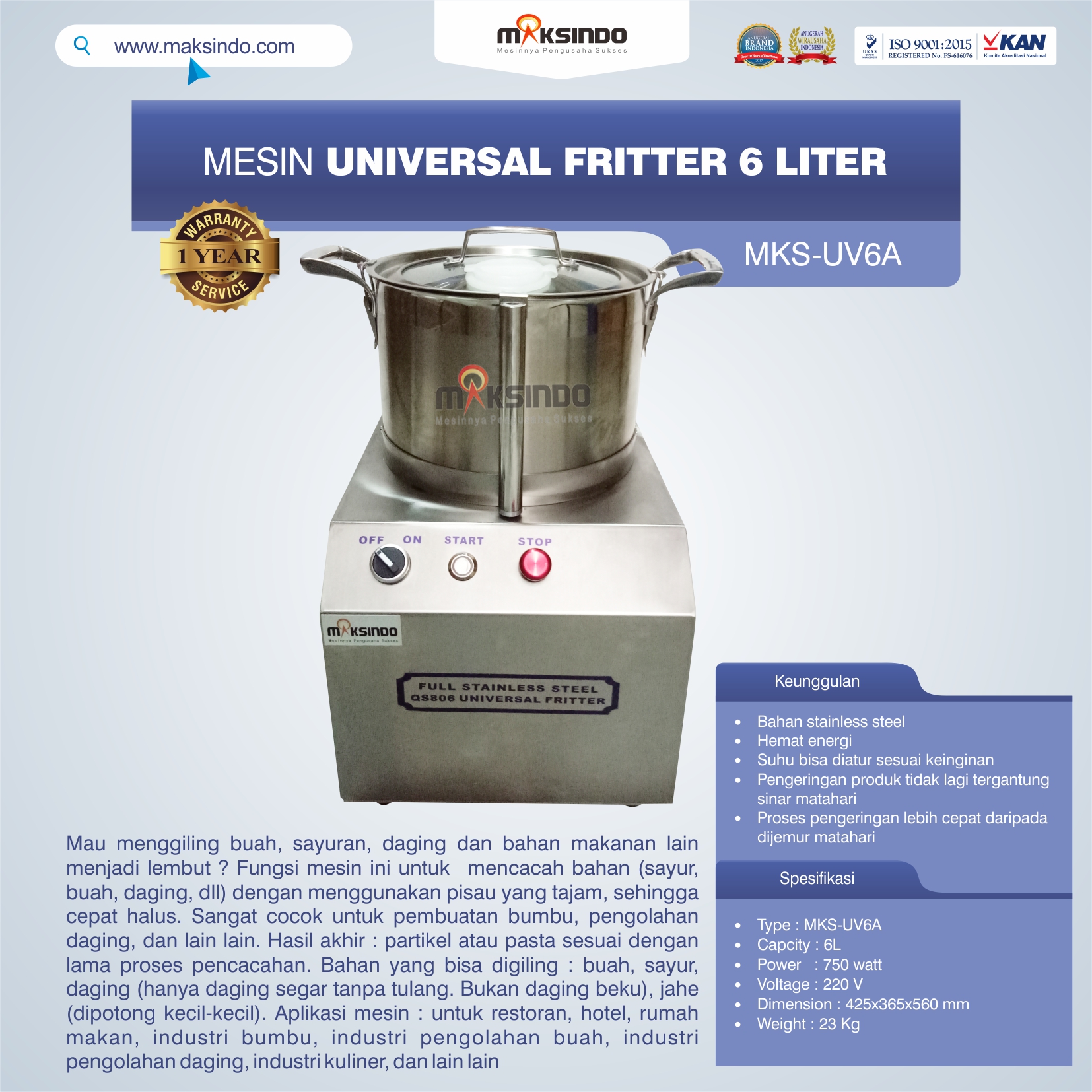Jual Universal Fritter 6 Liter (MKS-UV6A) di Pekanbaru
