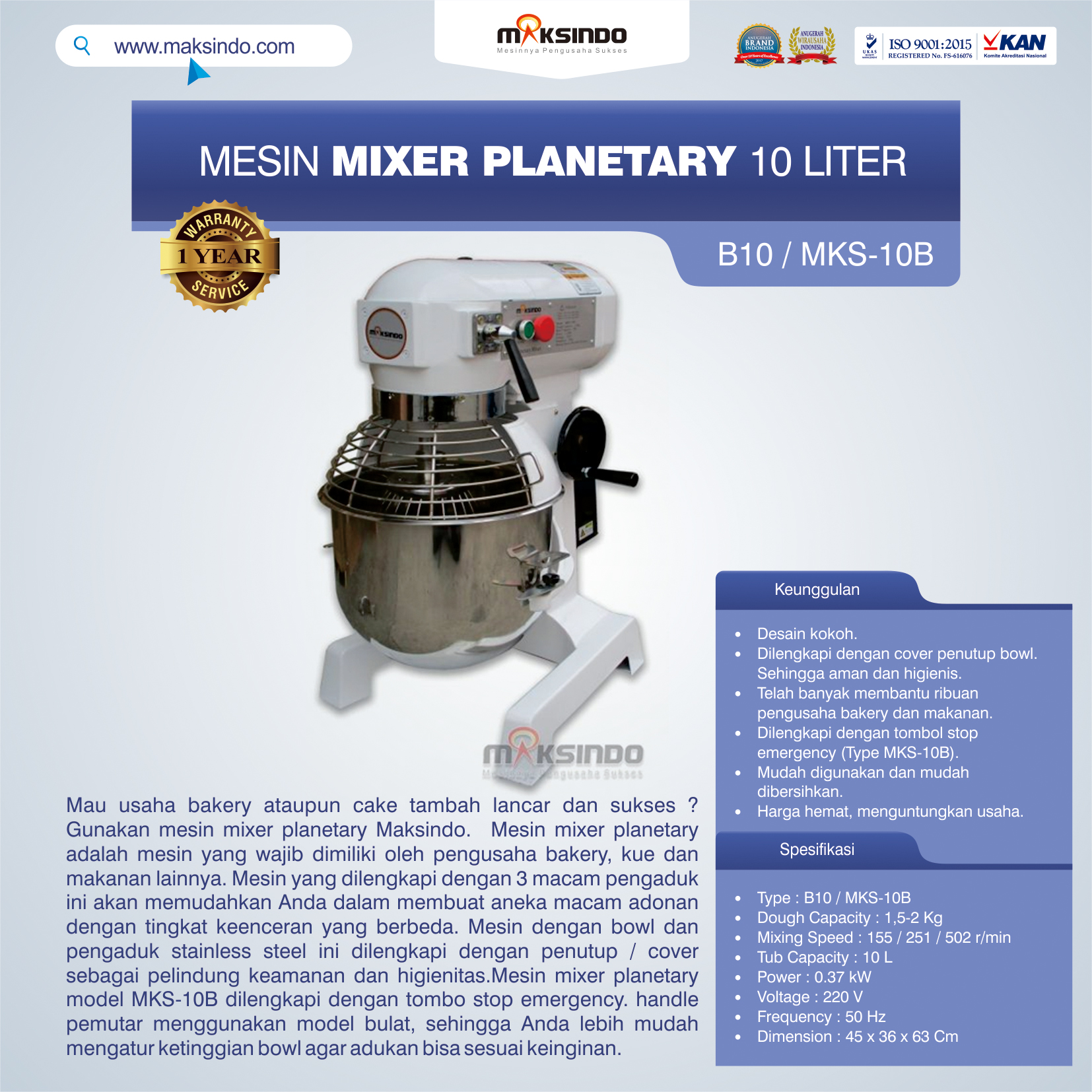 Jual Mesin Mixer Planetary 10 Liter (MKS-10B) di Pekanbaru